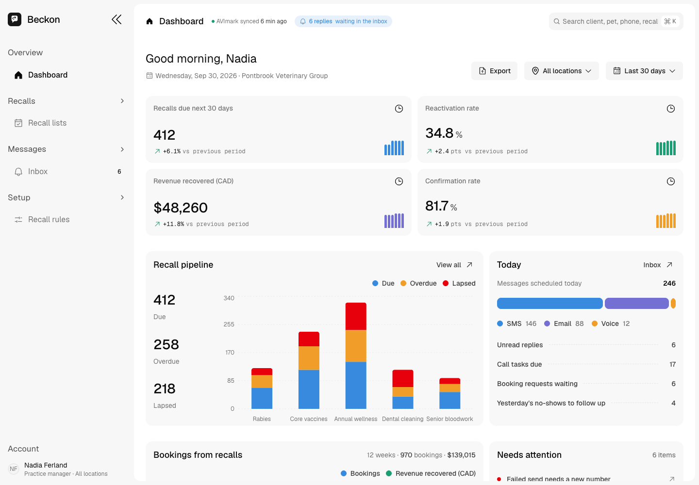 Beckon - Bilingual Recall and Rebooking Engine for Vet Clinics and Dental Practices