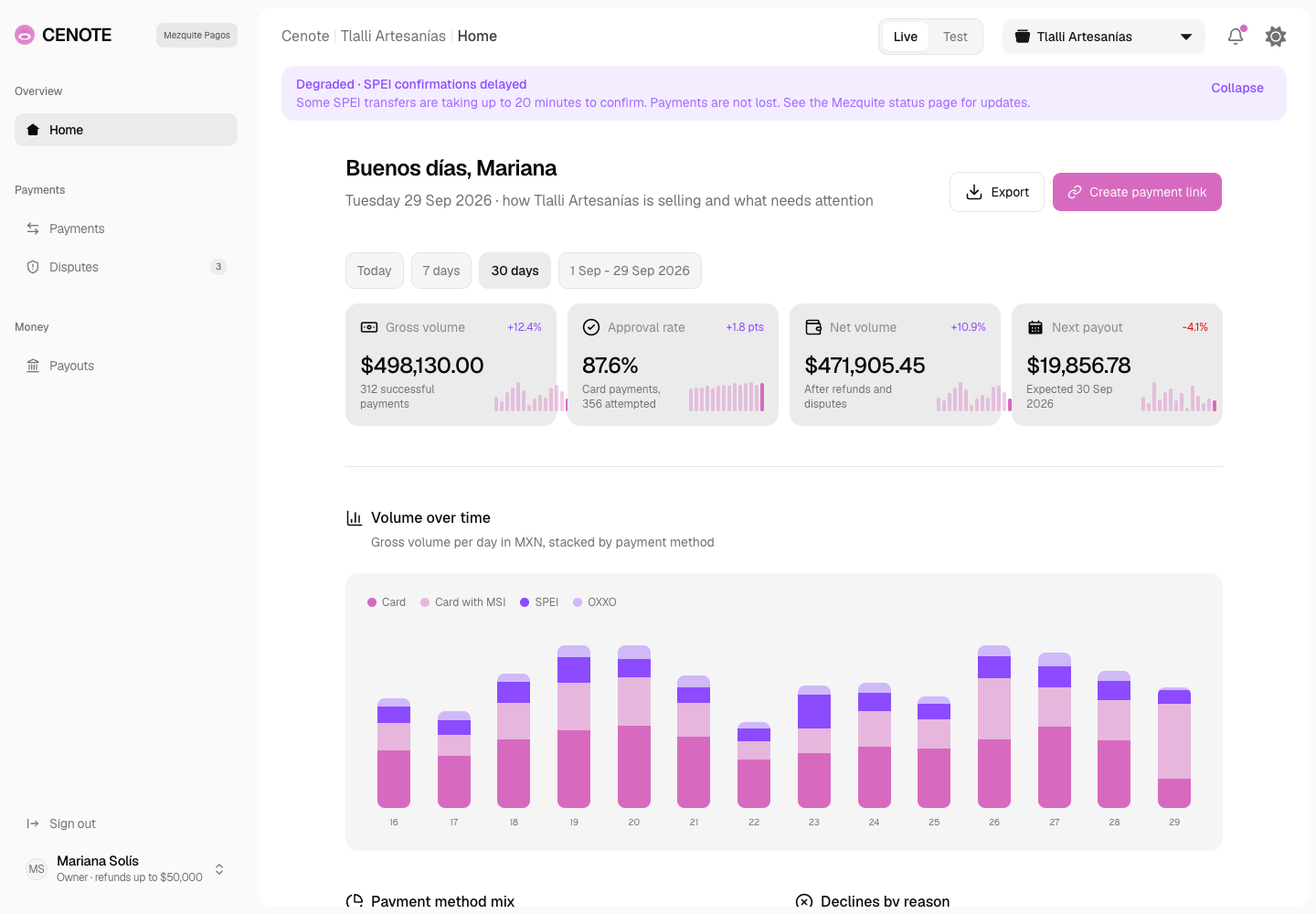 Cenote - Merchant Dashboard for a Mexican Payment Gateway
