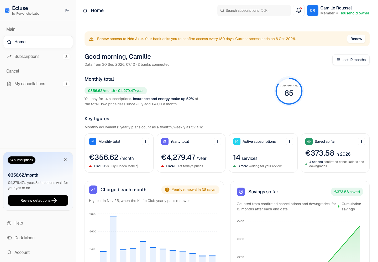 Écluse - Subscription Tracker That Finds, Cancels and Checks Every Recurring Charge