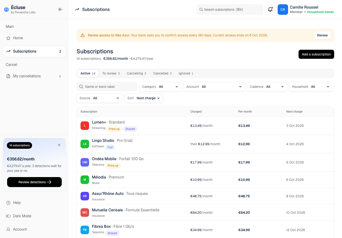Écluse - Subscription Tracker That Finds, Cancels and Checks Every Recurring Charge screenshot 2
