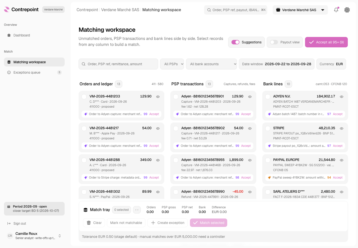 Contrepoint - Three-Way Reconciliation Engine for Orders, PSP Payouts and Bank Lines screenshot 2
