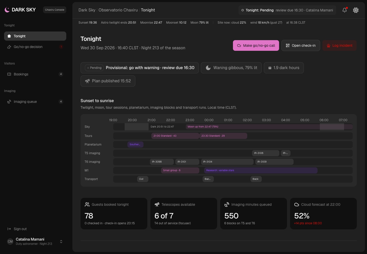 Dark Sky - Observatory Booking and Night Operations Platform with a Red-Light Console