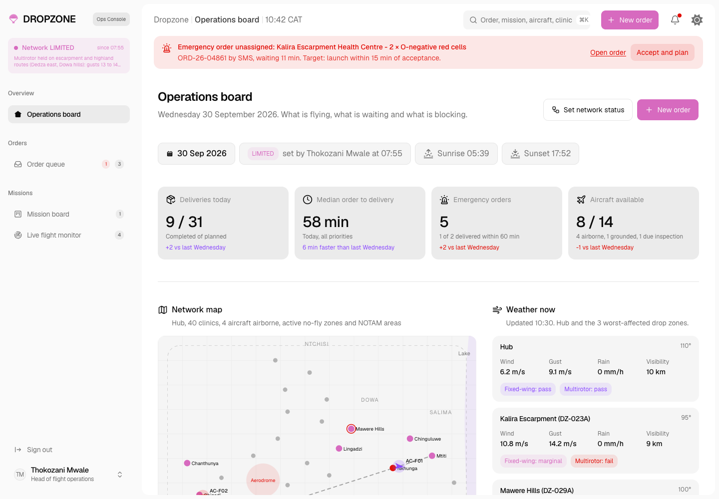 Dropzone - Operations Console for a Medical Drone Delivery Network