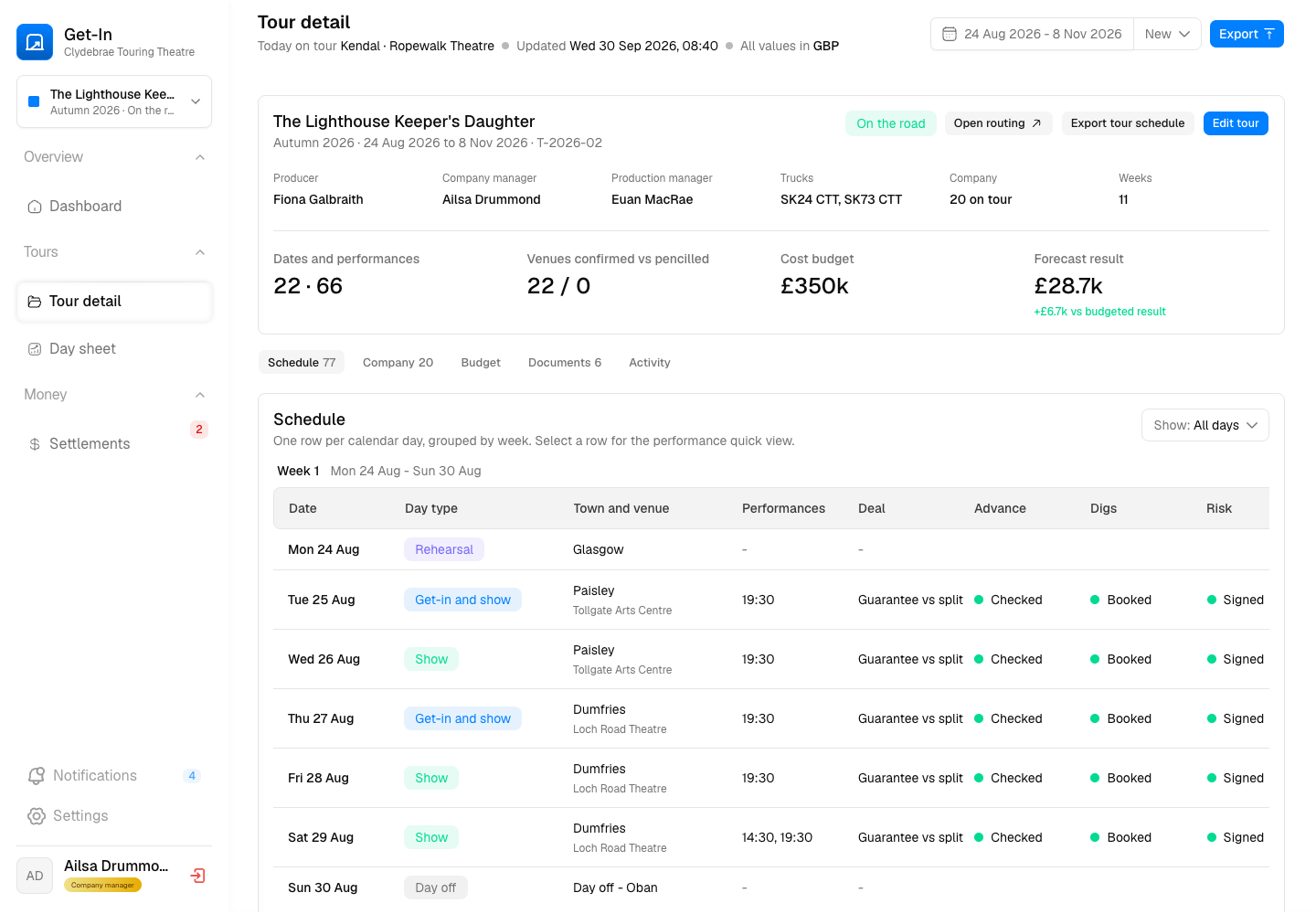 Get-In - Touring Operations Platform for a Theatre Company on the Road screenshot 2