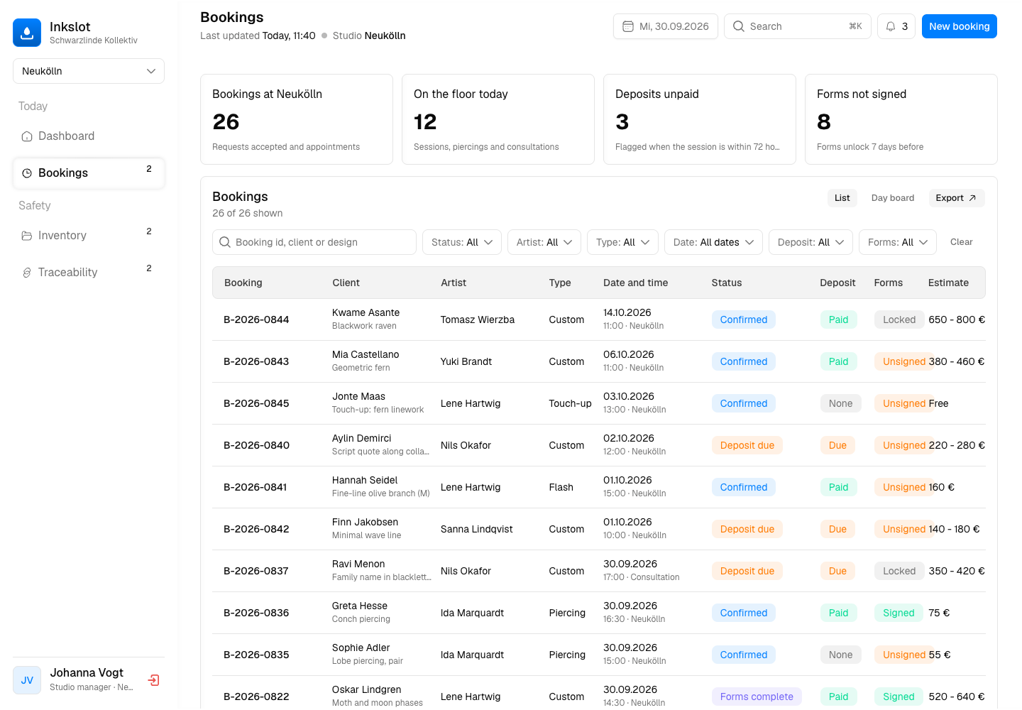 Inkslot - Booking and Studio Operations Platform for a Tattoo Collective screenshot 2
