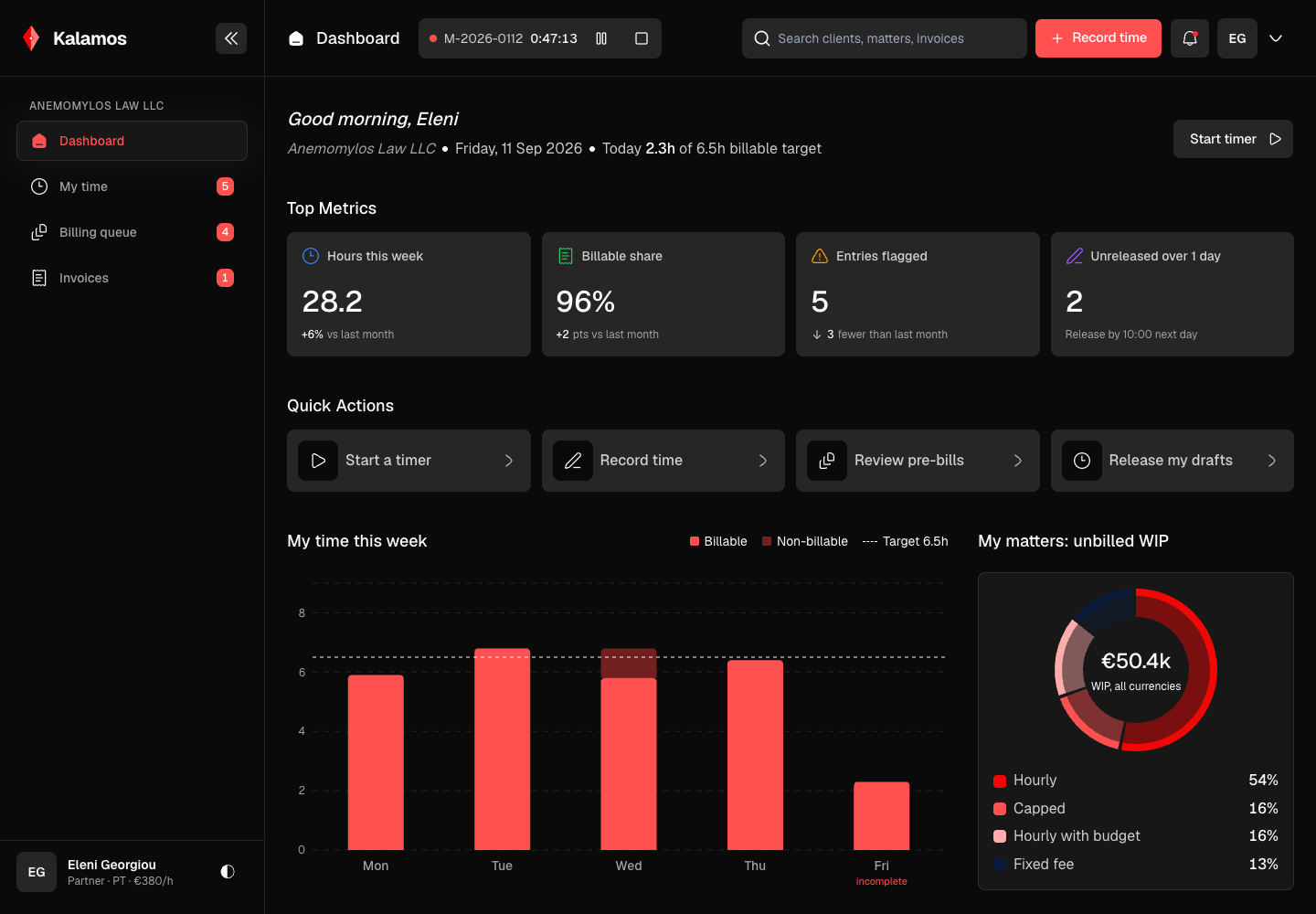 Kalamos - Legal Time and Billing Platform with Client Guidelines Checked Before Submission