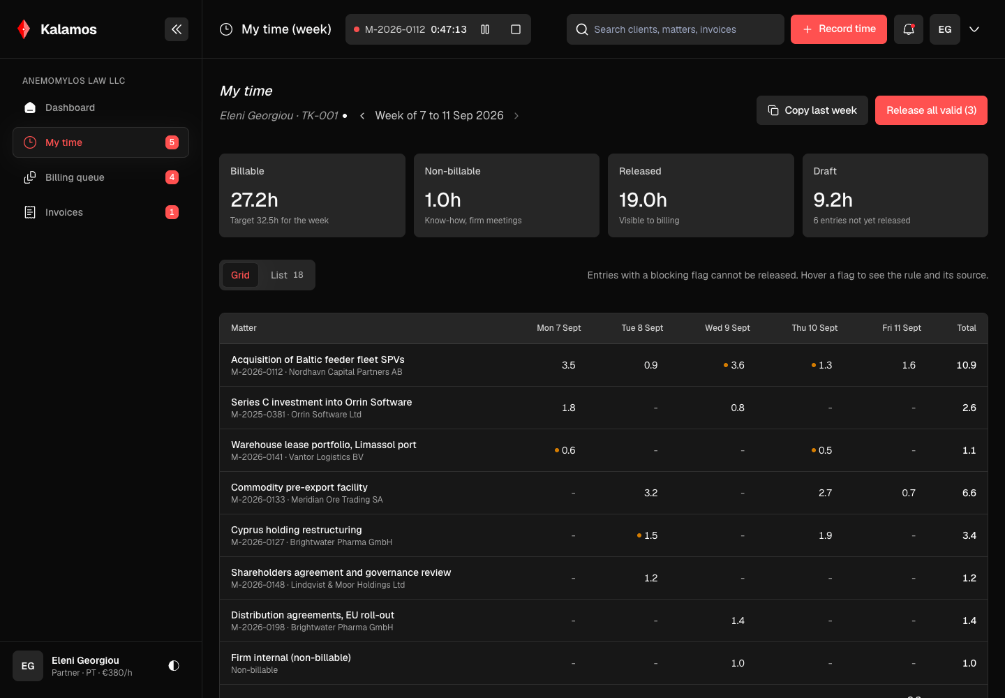 Kalamos - Legal Time and Billing Platform with Client Guidelines Checked Before Submission screenshot 2