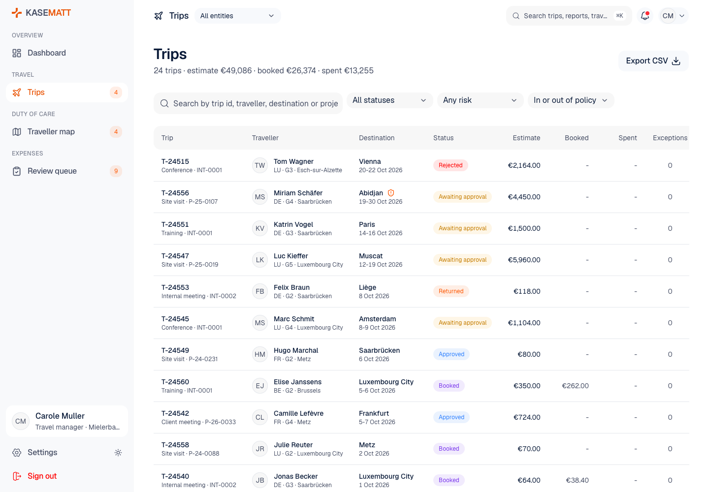Kasematt - Corporate Travel, Duty of Care and Expenses Console screenshot 2