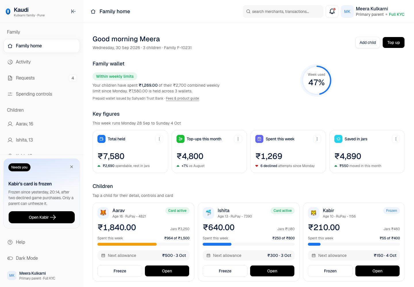 Kaudi - Family Money App with Parent-Controlled RuPay Cards