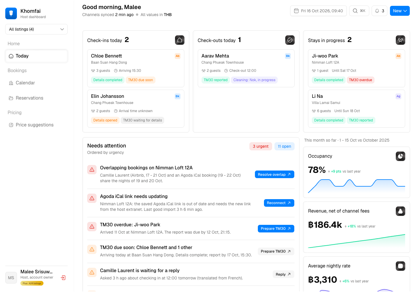 Khomfai - Short-Let Host Dashboard for Small Hosts in Thailand