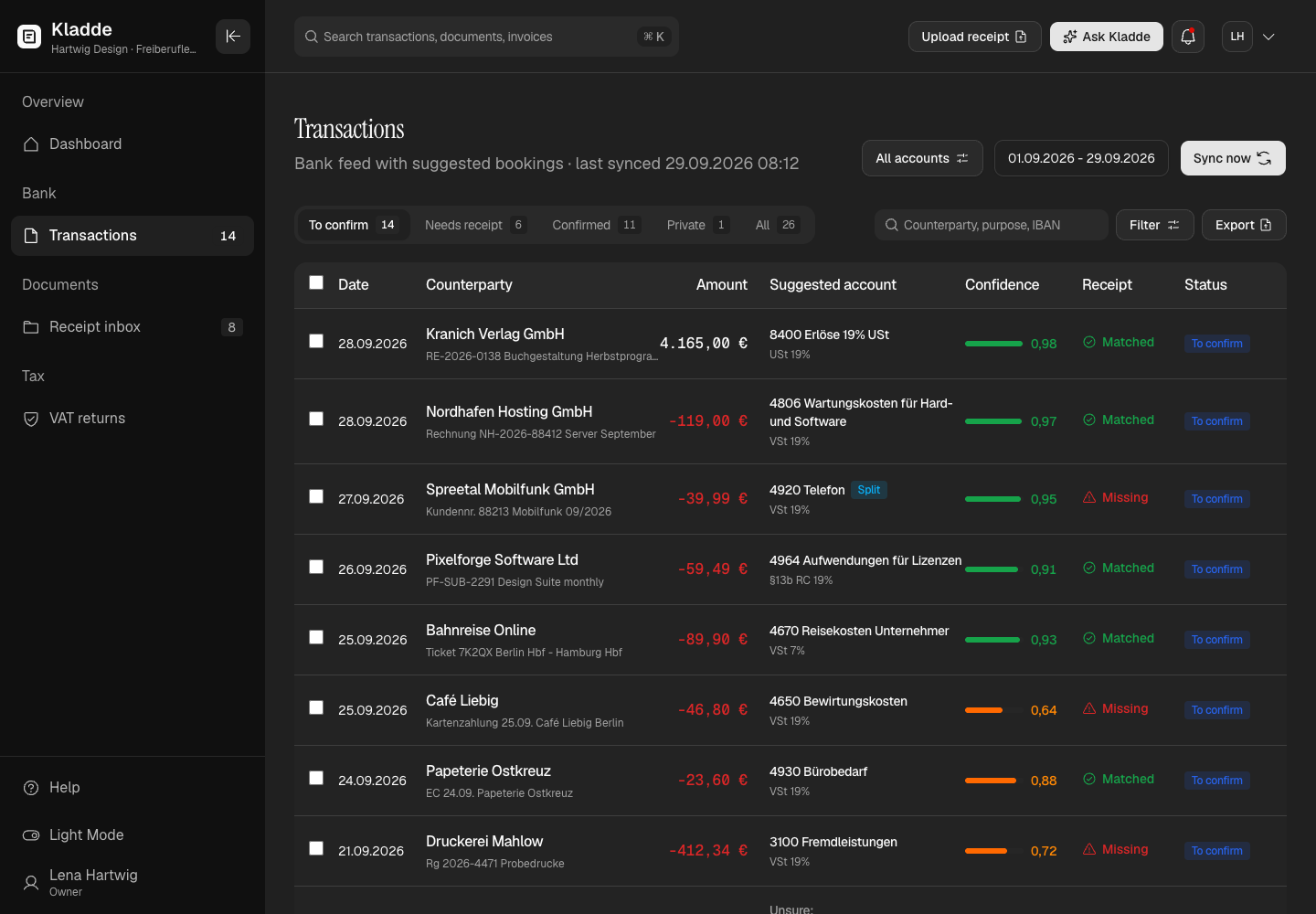 Kladde - AI Bookkeeping for German Freelancers and Small Firms screenshot 2