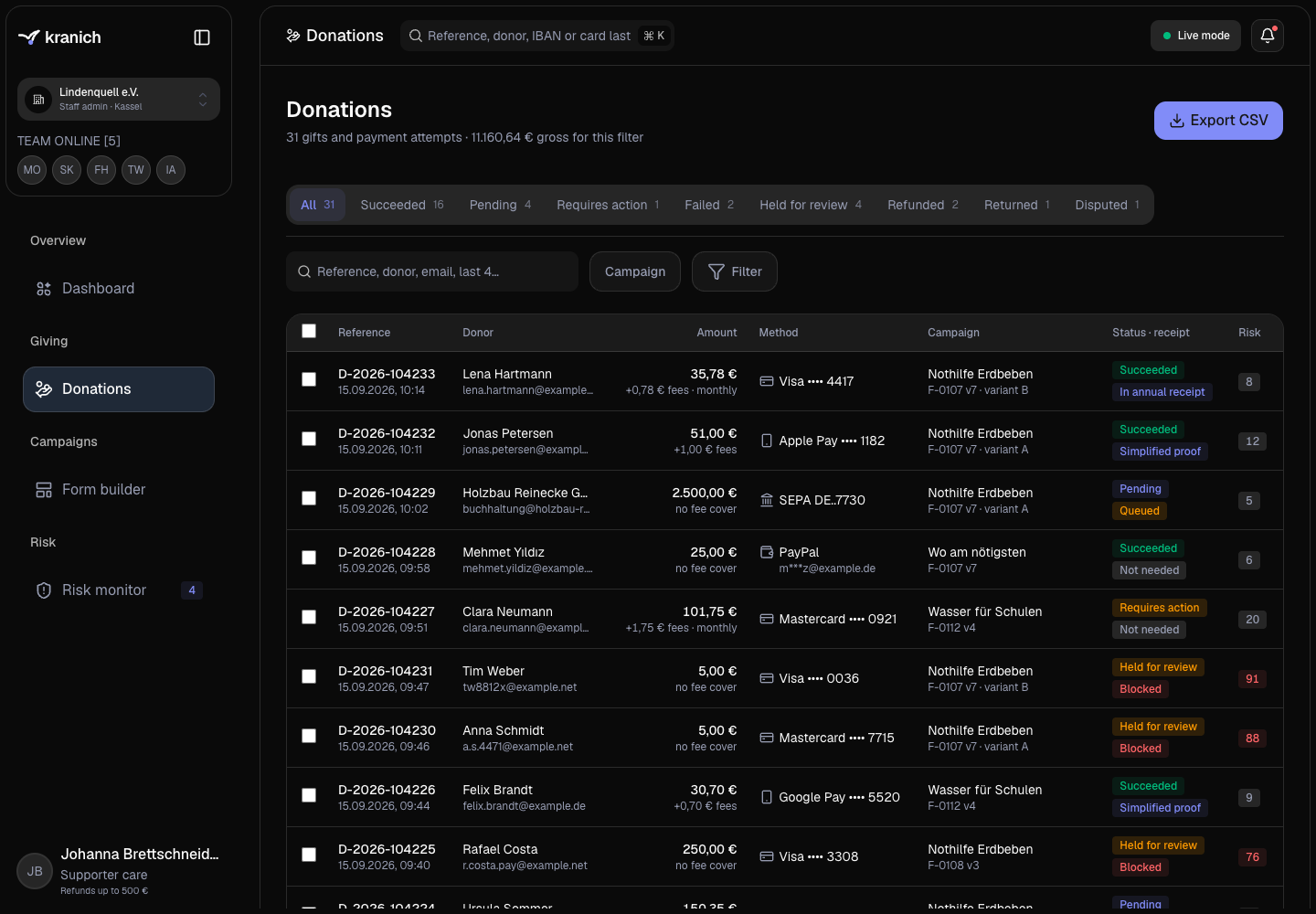 Kranich - Donation Checkout with SEPA, Tax Receipts and Card-Testing Protection Built In screenshot 2