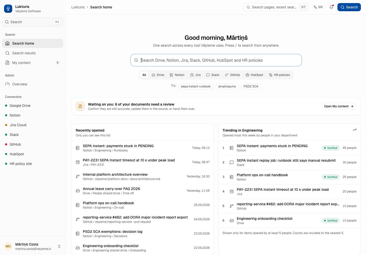 Lukturis - Permission-Aware Enterprise Search Across Seven Internal Tools