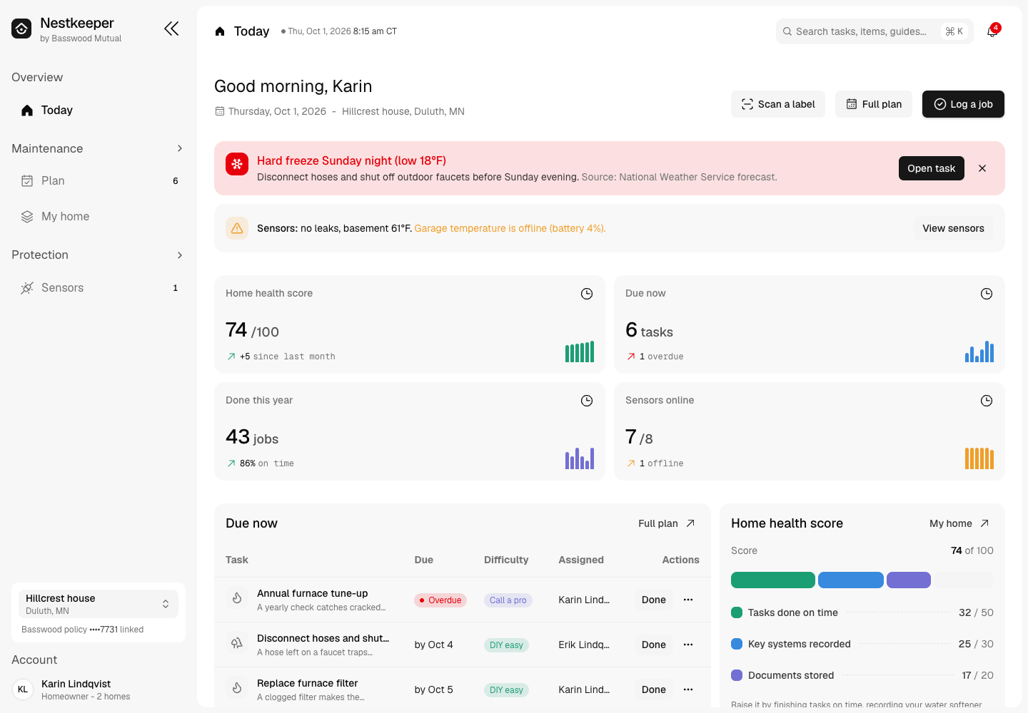Nestkeeper - Home Maintenance Planner with Weather-Triggered Tasks and Leak Sensors