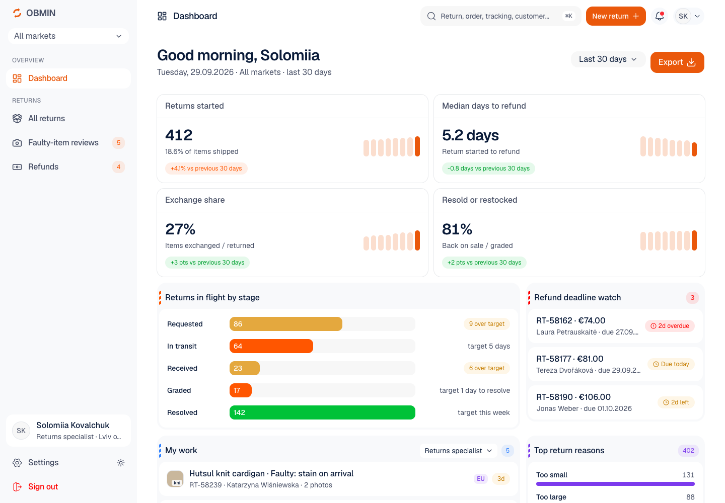 Obmin - Returns, Exchanges and Refunds Portal for a Fashion Retailer Selling in Ukraine and the EU