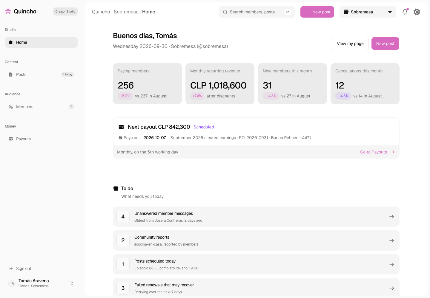 Quincho - Creator Membership Platform with Payments and Payouts in Pesos