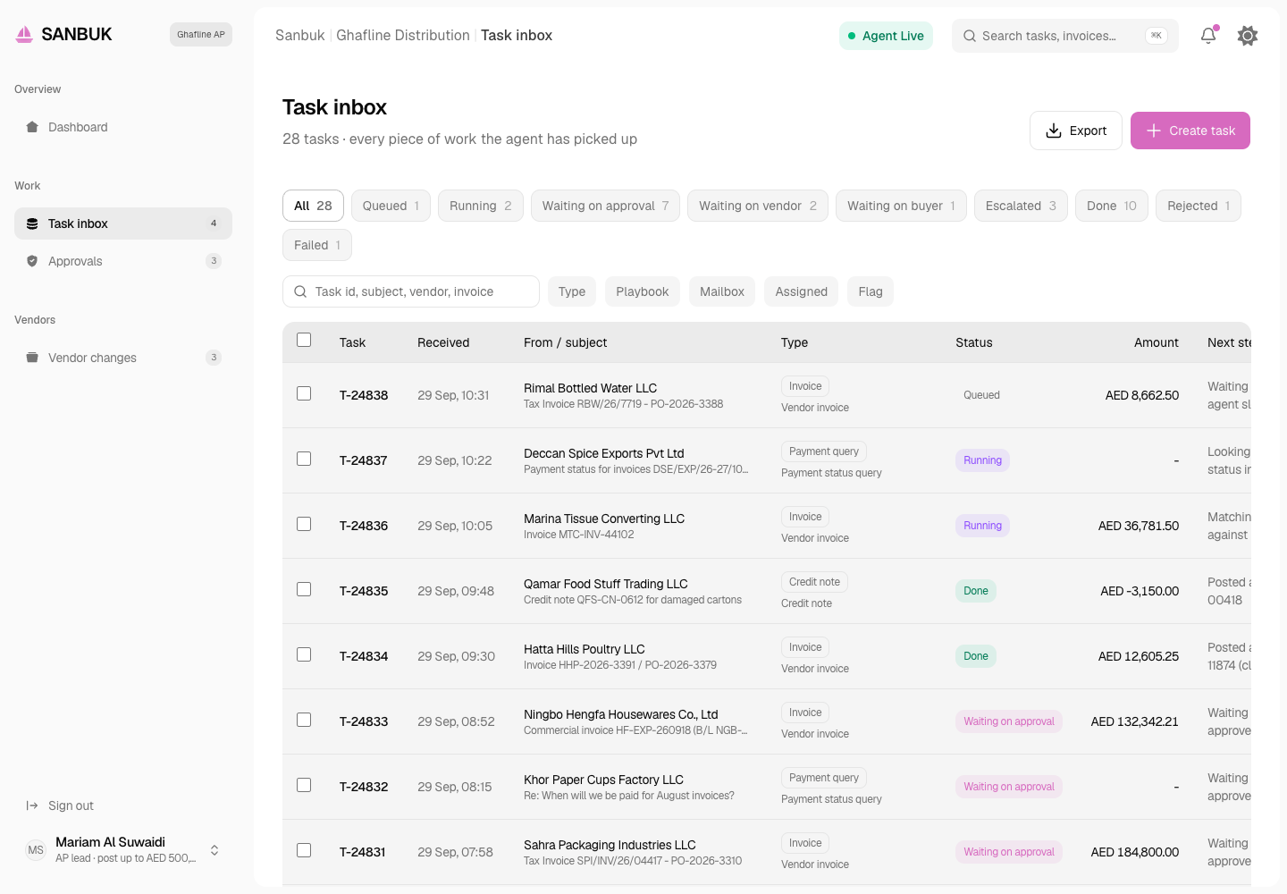 Sanbuk - Accounts Payable Agent with an Operator Console and Approval Gates screenshot 2