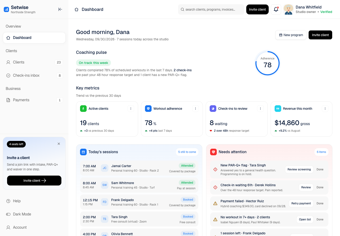 Setwise - Coaching Platform for Personal Trainers with Built-In Health Screening