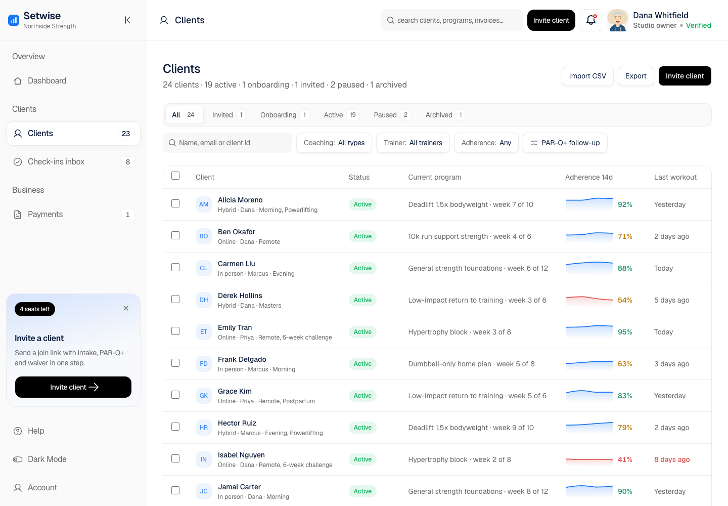 Setwise - Coaching Platform for Personal Trainers with Built-In Health Screening screenshot 2