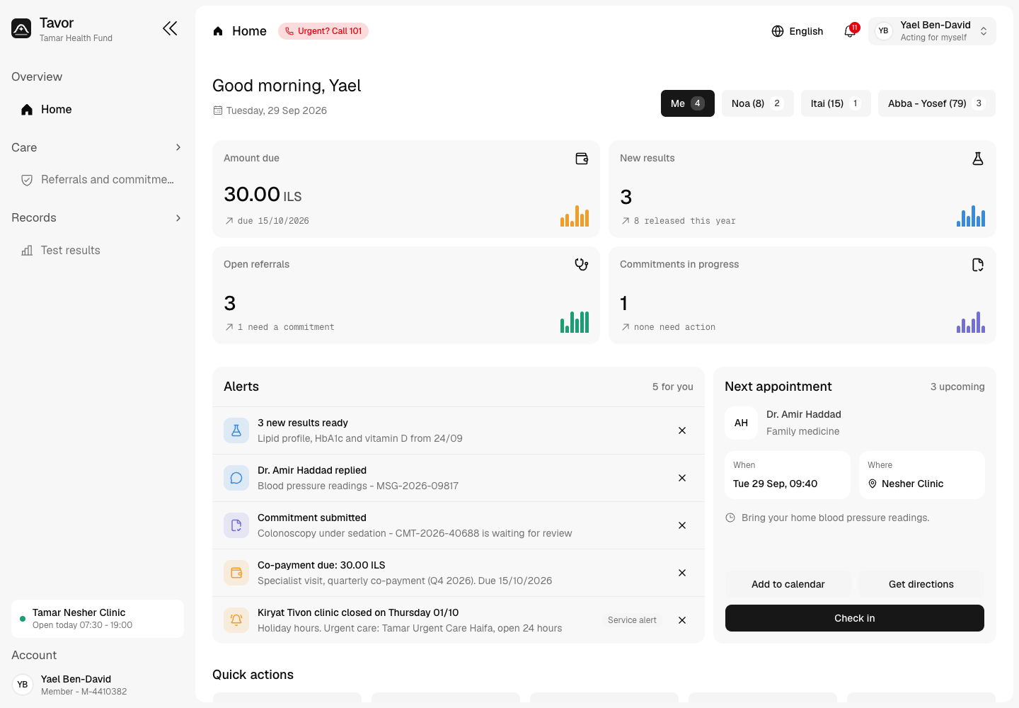 Tavor - Member Portal for an Israeli Health Fund with Family Proxy Access