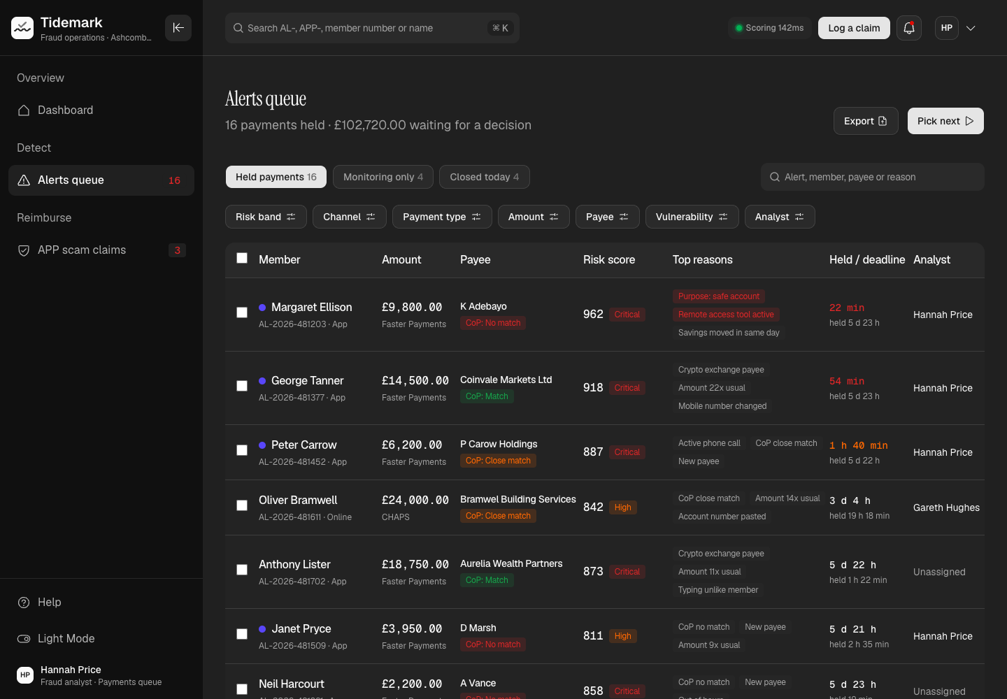 Tidemark - Fraud Detection and APP Scam Reimbursement Dashboard screenshot 2