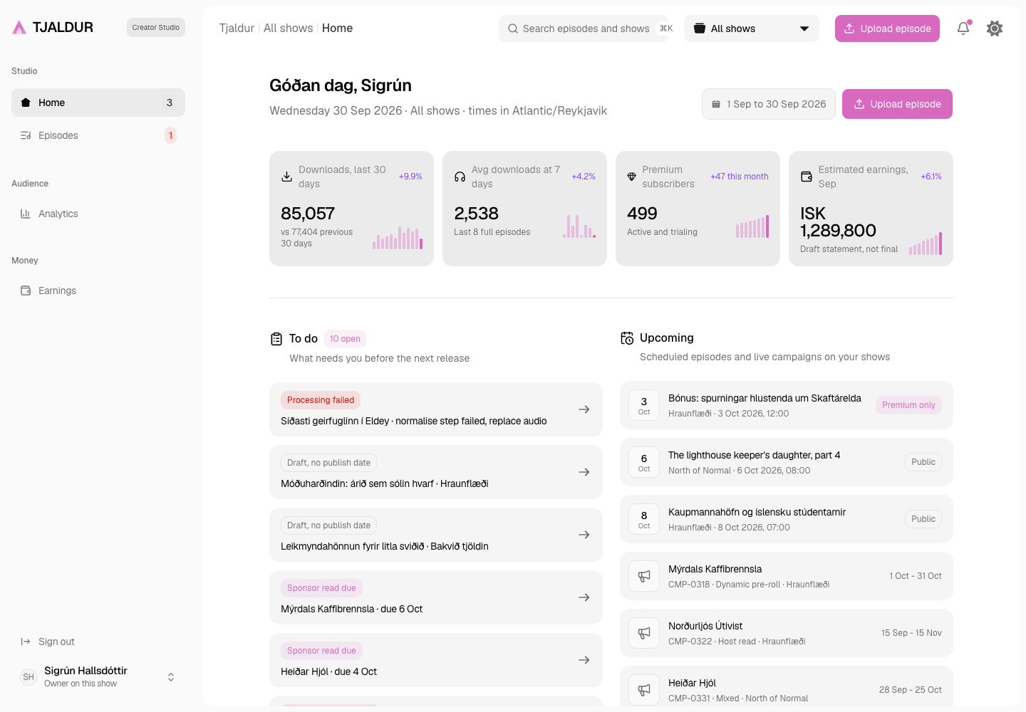 Tjaldur - Podcast Hosting, Dynamic Ads and Creator Payouts Platform