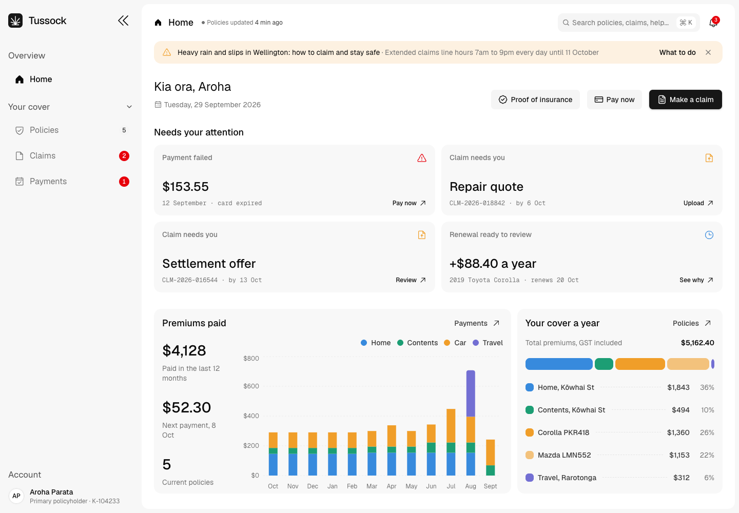Tussock - Customer Self-Service App for Home, Contents, Car and Travel Insurance