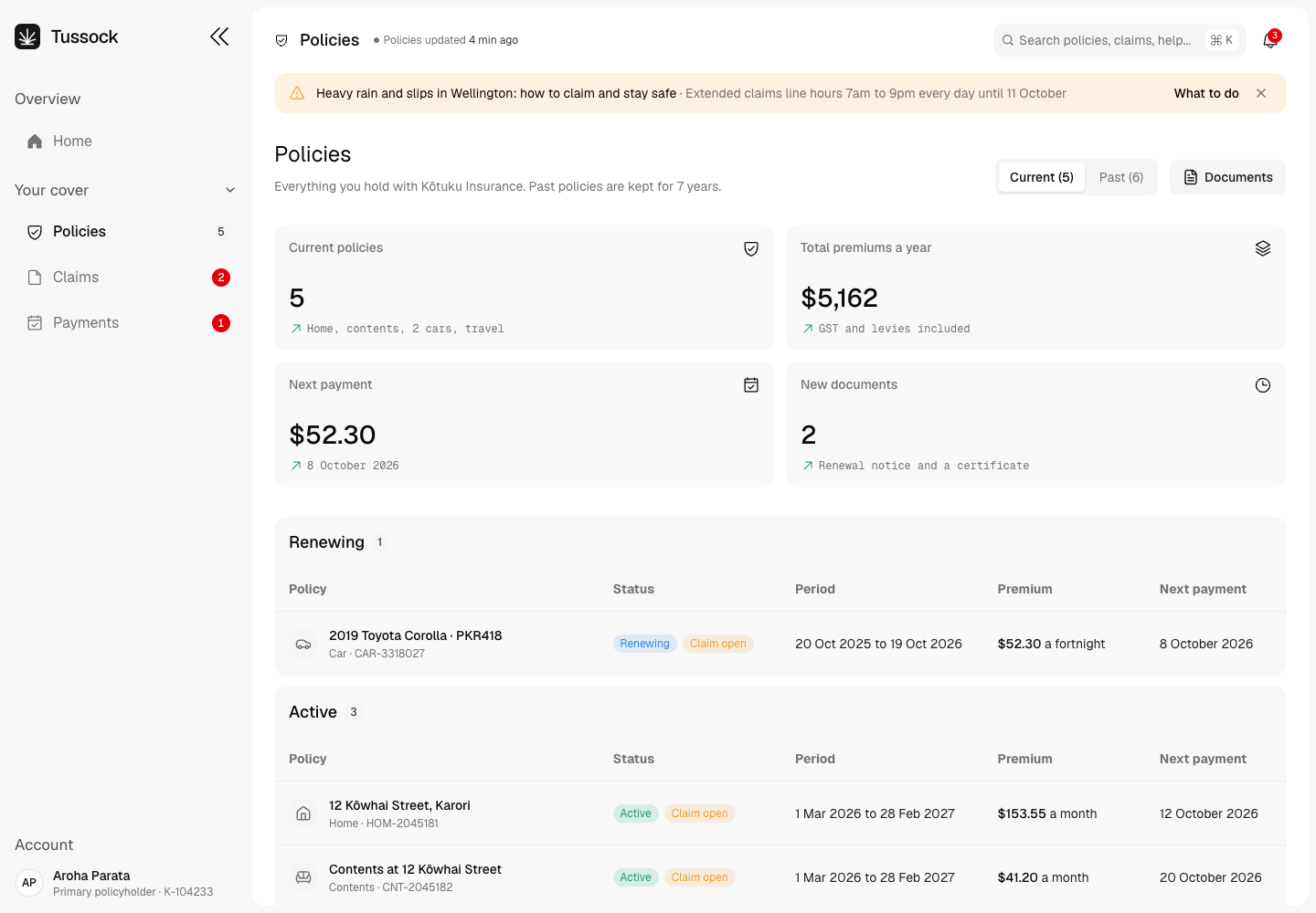 Tussock - Customer Self-Service App for Home, Contents, Car and Travel Insurance screenshot 2