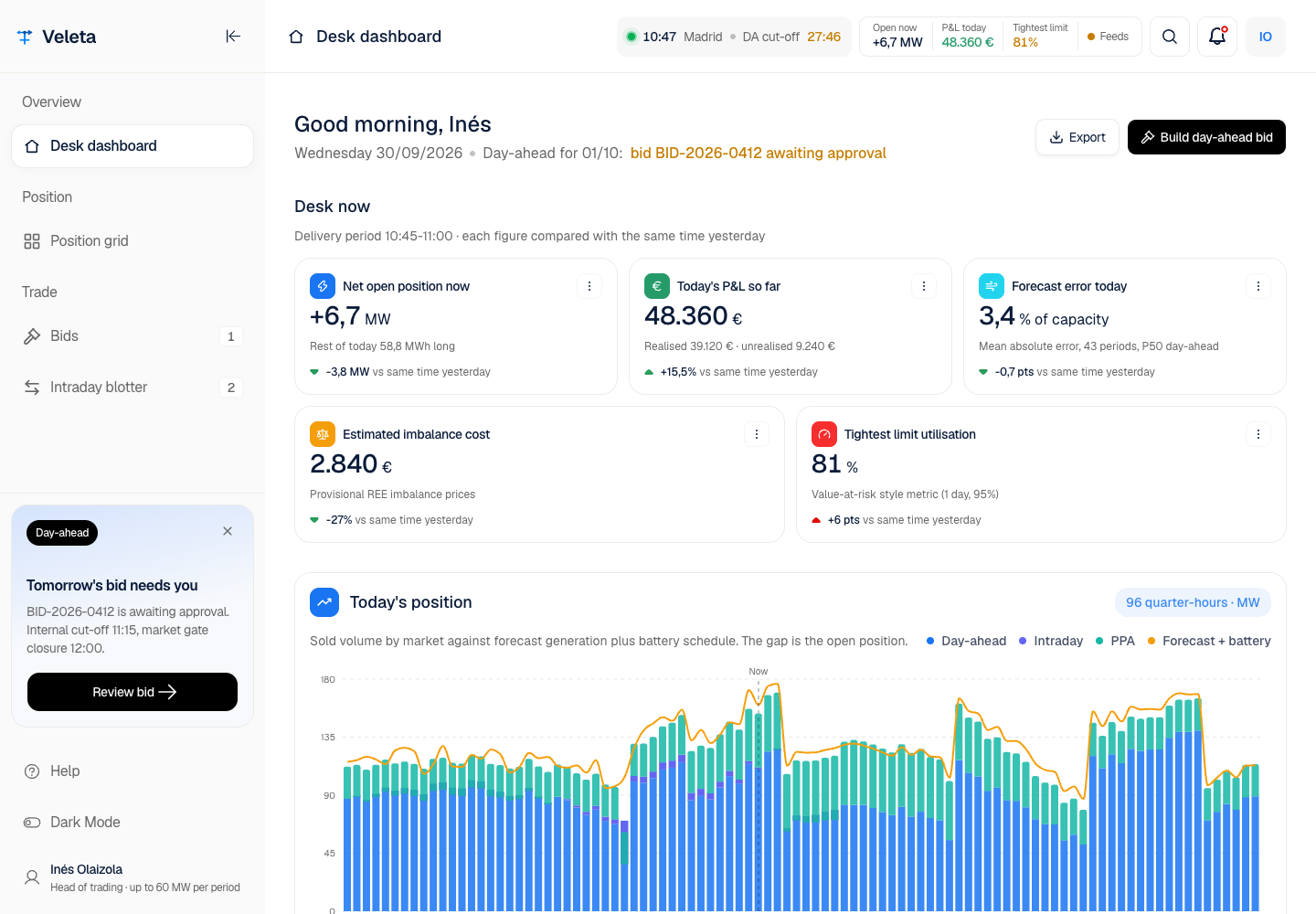 Veleta - Power Trading and Risk Console with Human Approval
