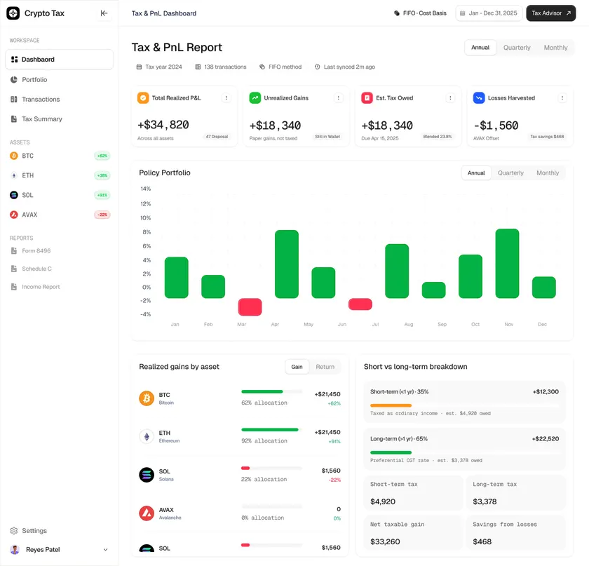 CryptoTax - FIFO Tax & PnL Reporting Engine for Retail Crypto Investors